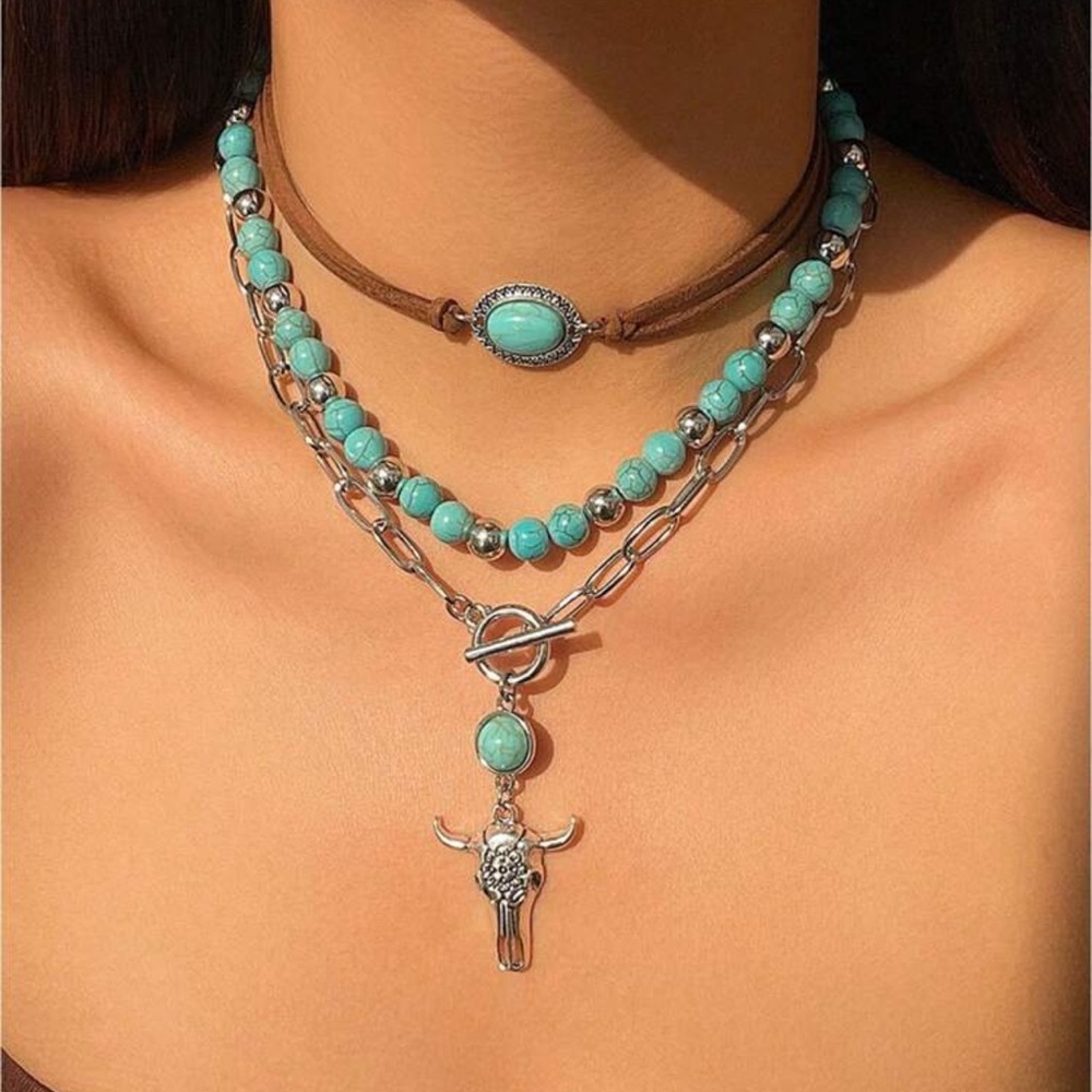 Bohemian Western Layered Turquoise Cow Skull Choker Necklace